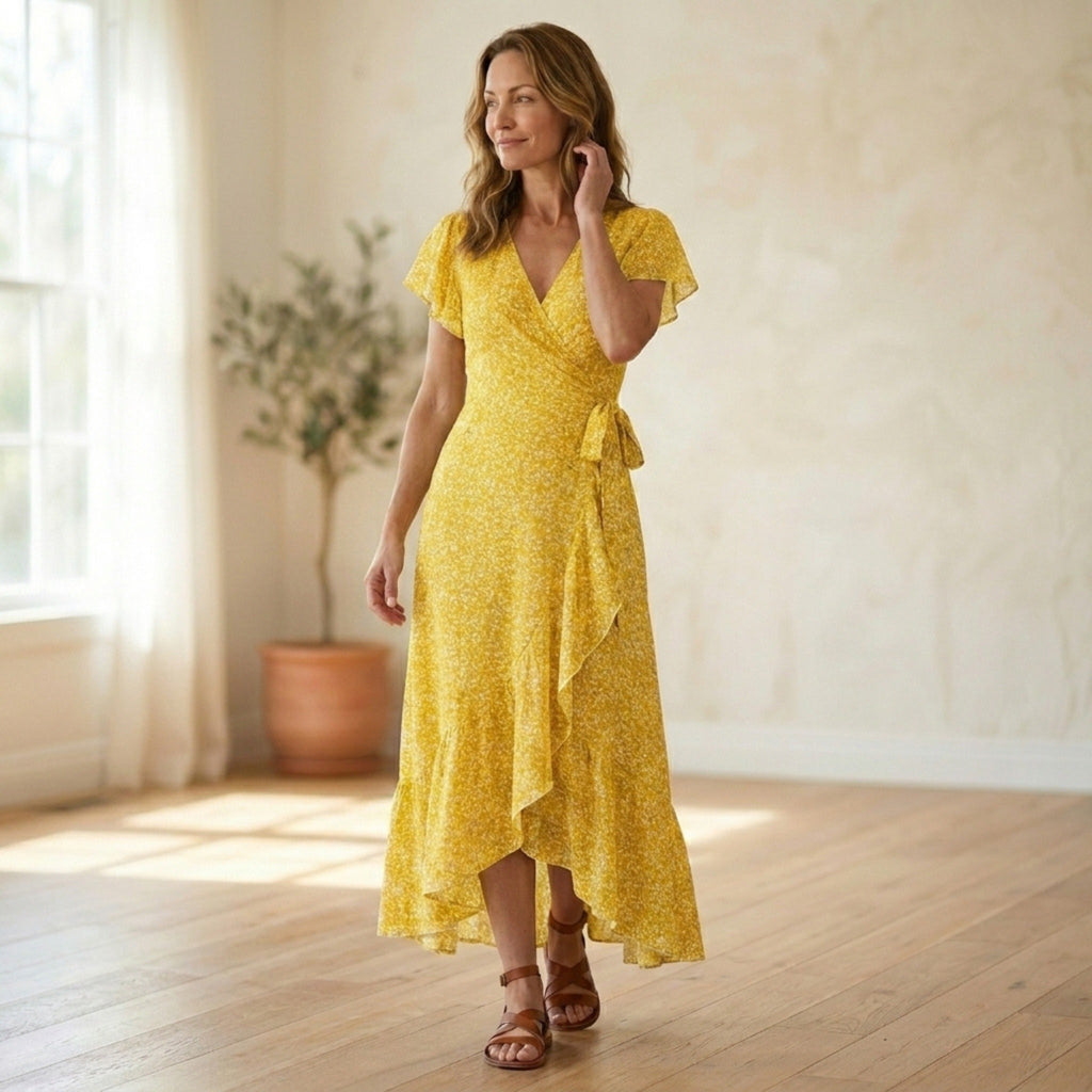 Women's Floral Midi Dress Elegant Wrap Style
