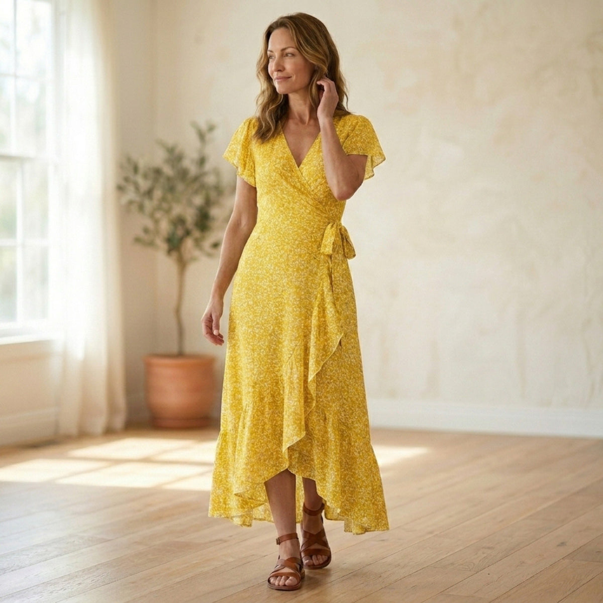 Women's Floral Midi Dress Elegant Wrap Style