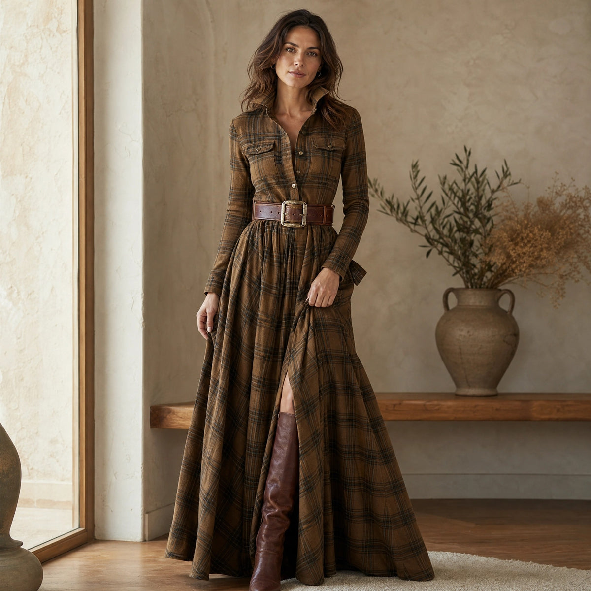 Robe chemise longue à carreaux pour femme avec ceinture à la taille