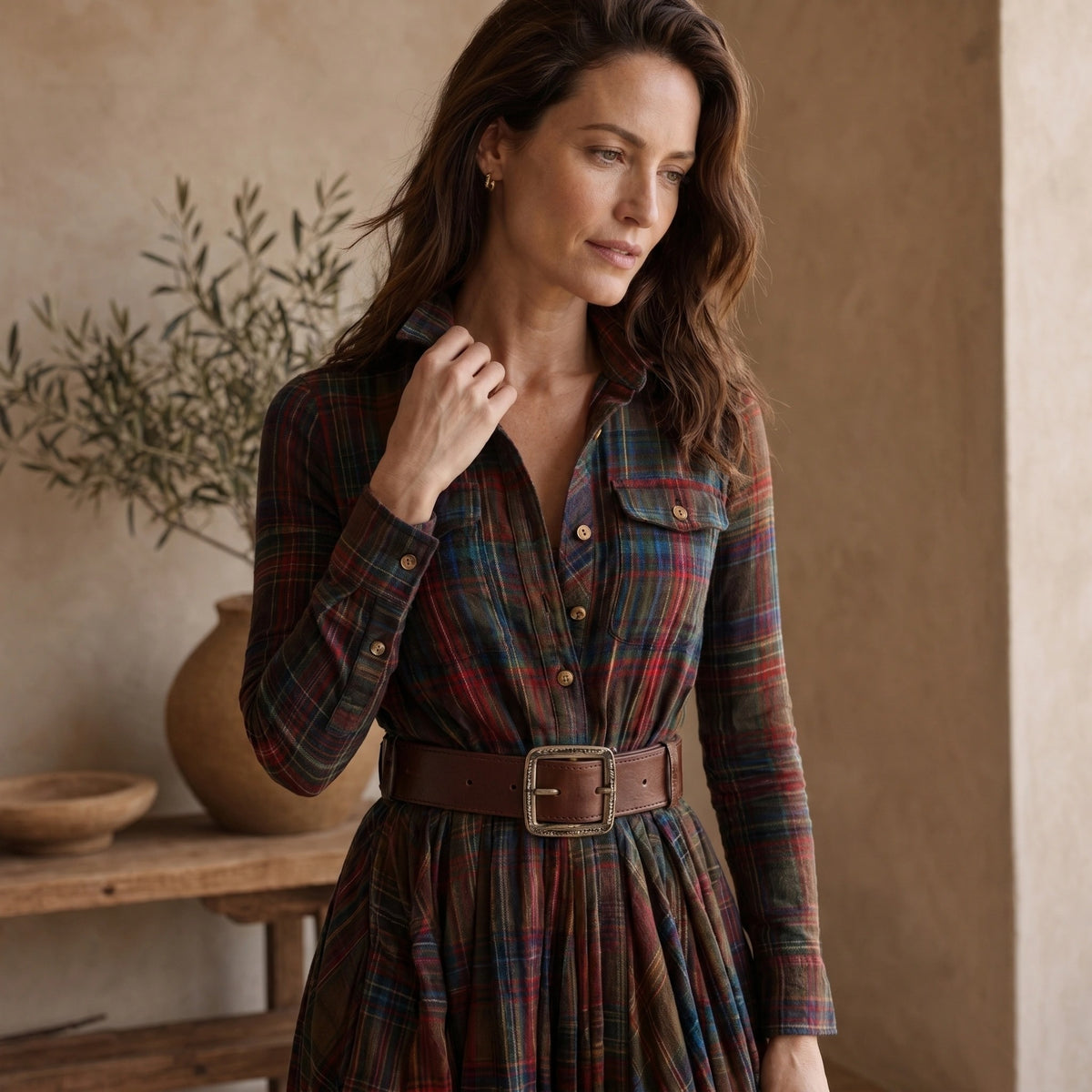 Robe chemise longue à carreaux pour femme avec ceinture à la taille