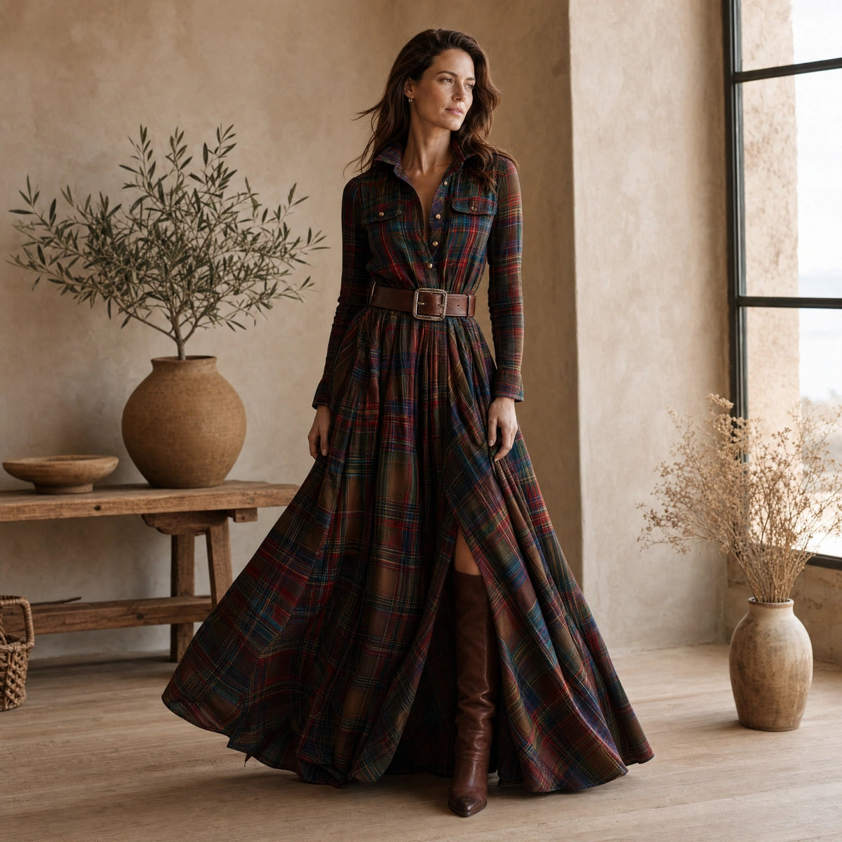 Robe chemise longue à carreaux pour femme avec ceinture à la taille