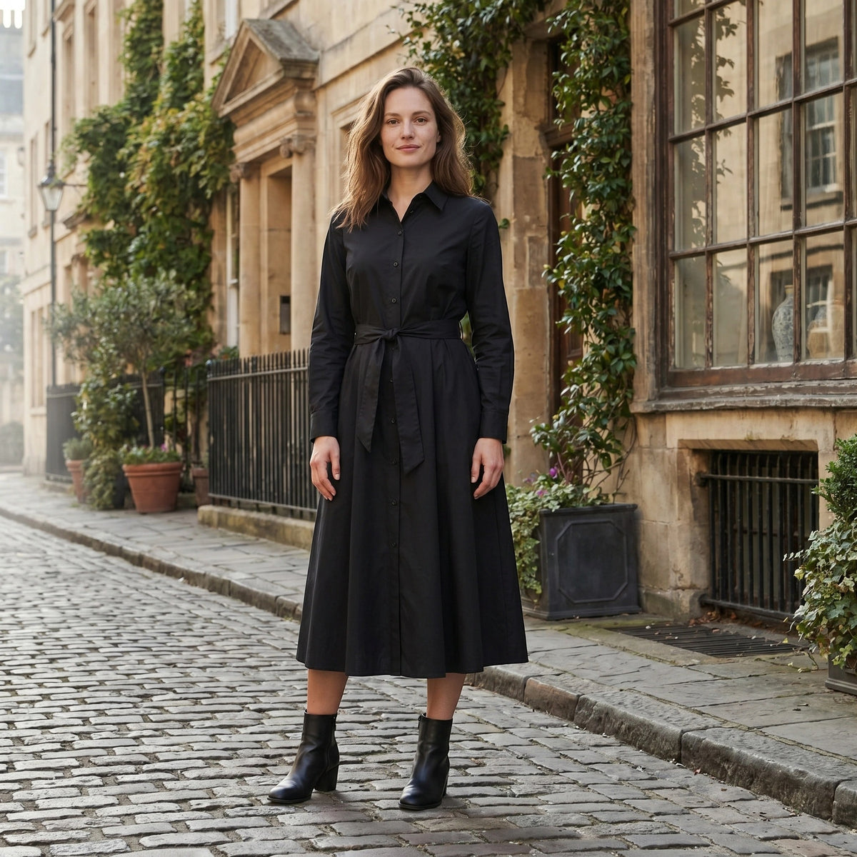Women's Belted Shirt Maxi Dress with Long Sleeves