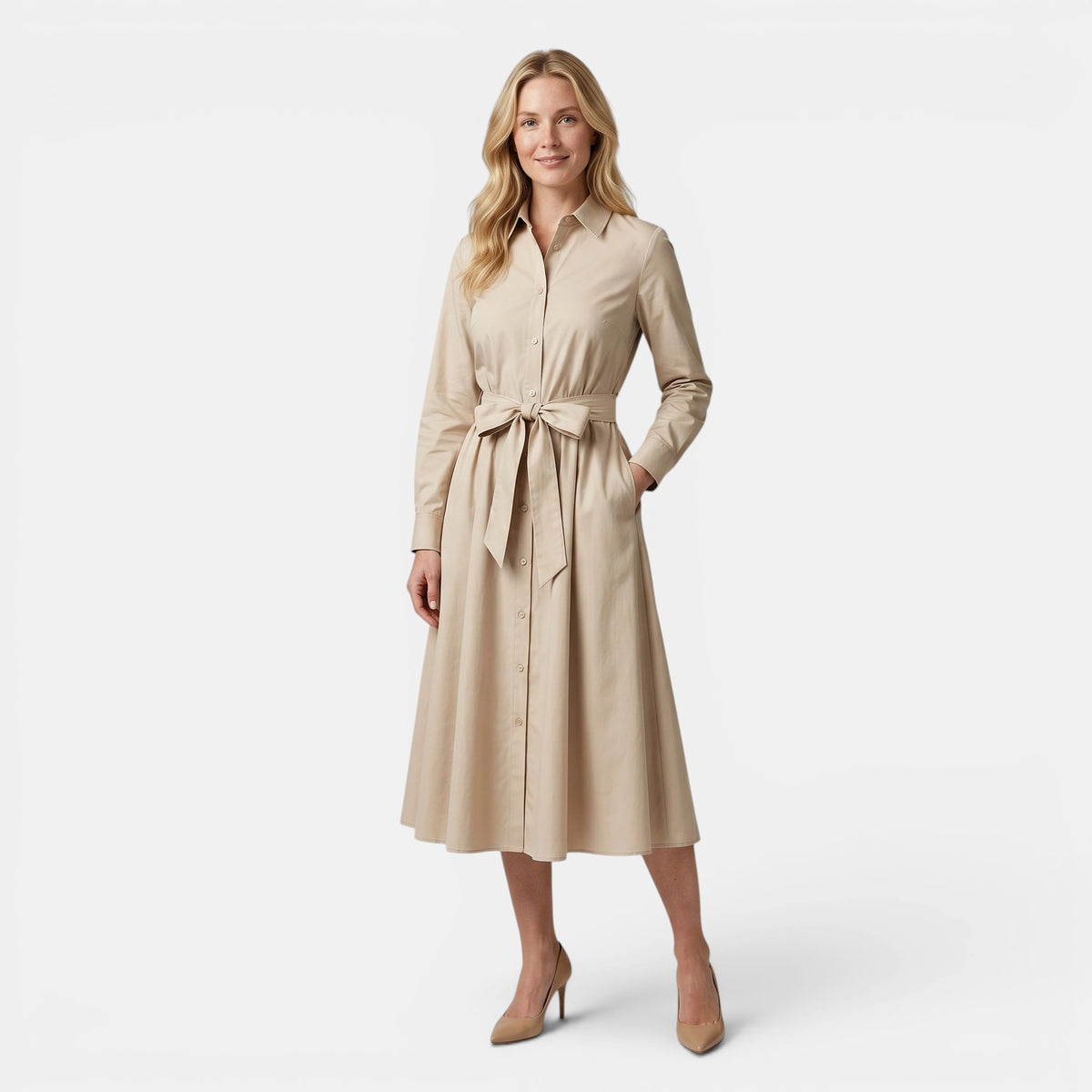 Women's Belted Shirt Maxi Dress with Long Sleeves