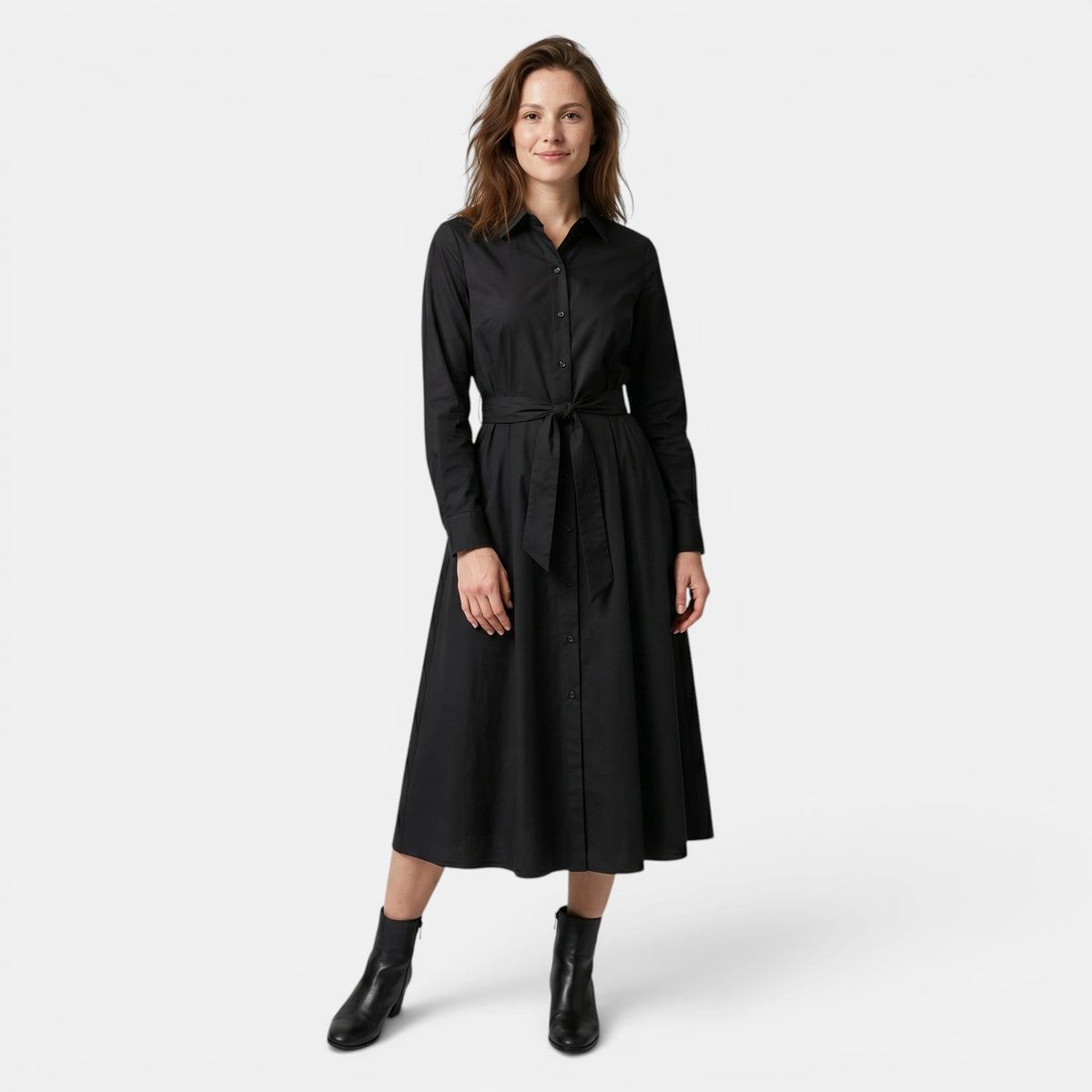 Women's Belted Shirt Maxi Dress with Long Sleeves