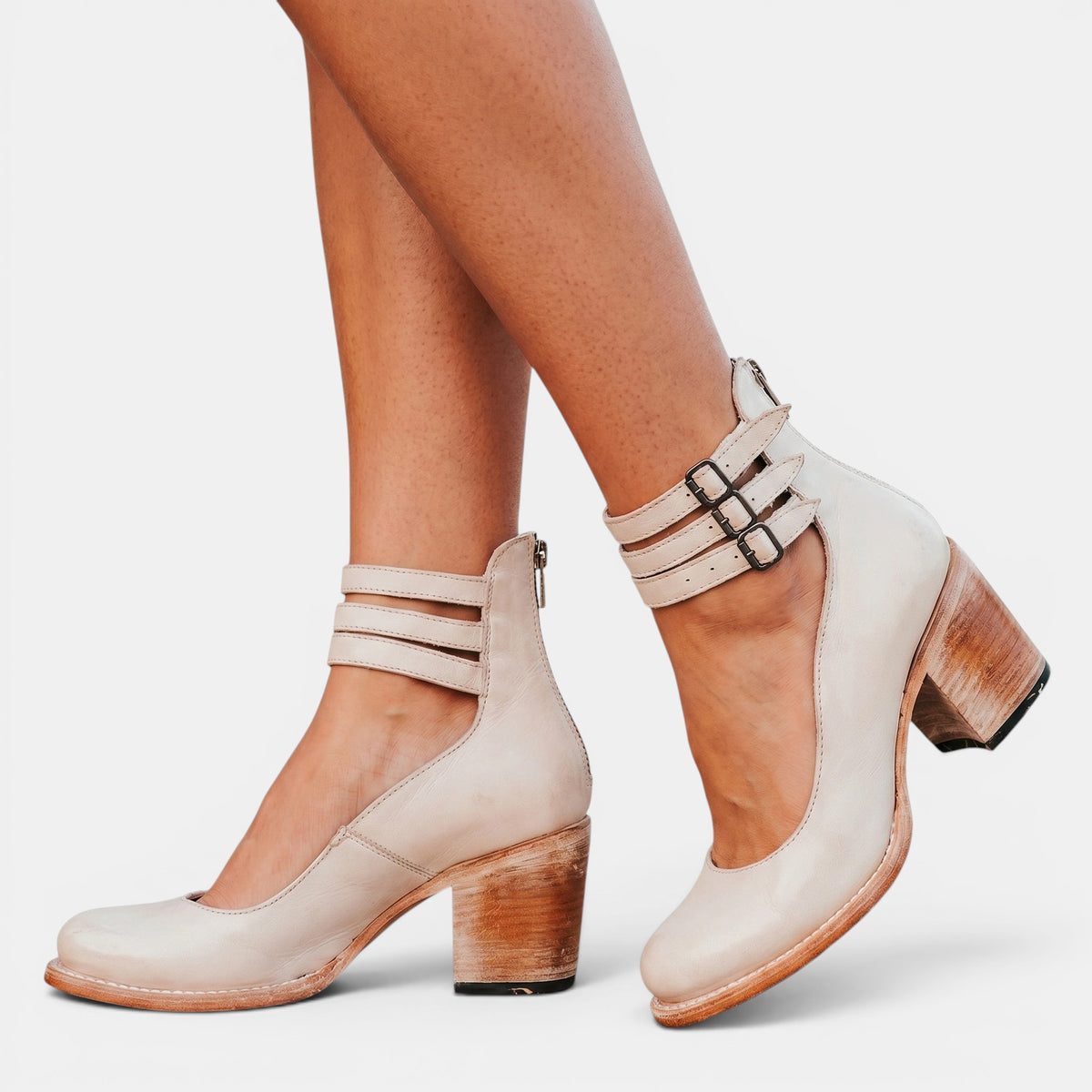 Women's Block Heel Shoes with Triple Buckle Straps