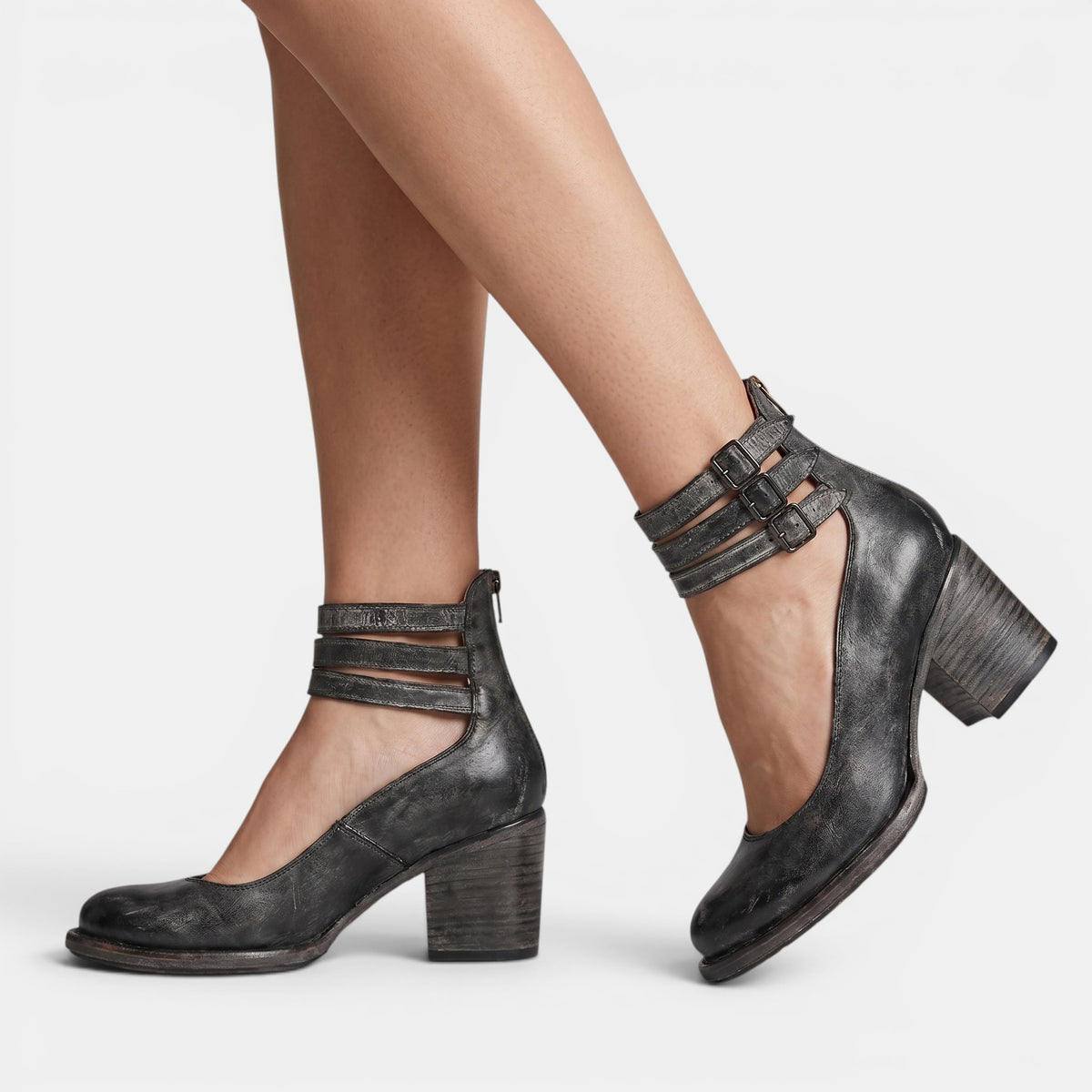 Women's Block Heel Shoes with Triple Buckle Straps