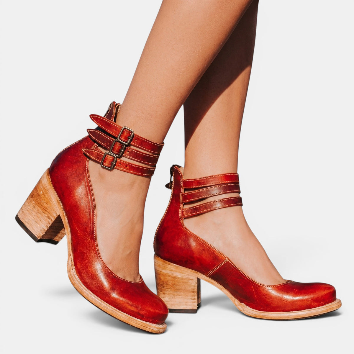 Women's Block Heel Shoes with Triple Buckle Straps