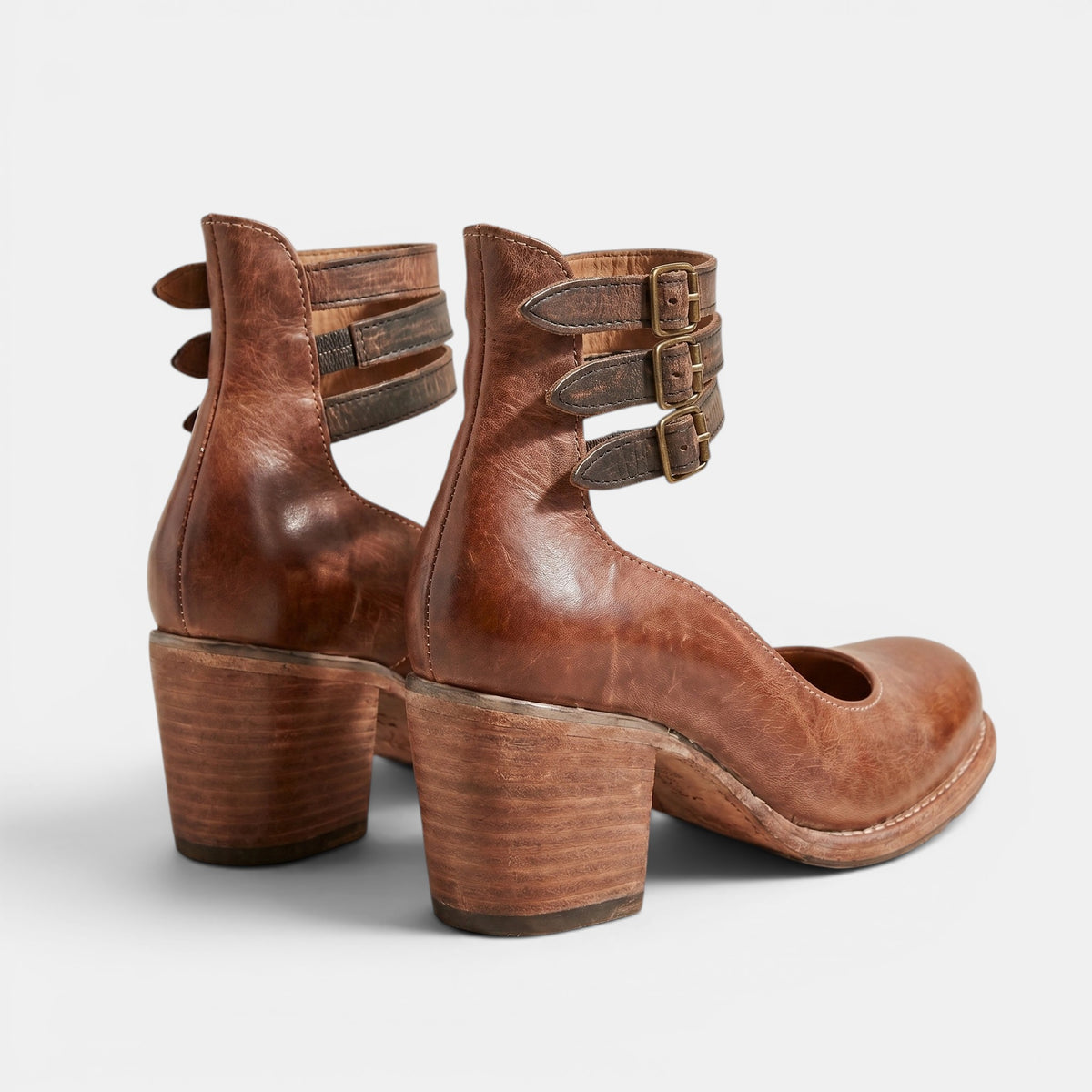Women's Block Heel Shoes with Triple Buckle Straps