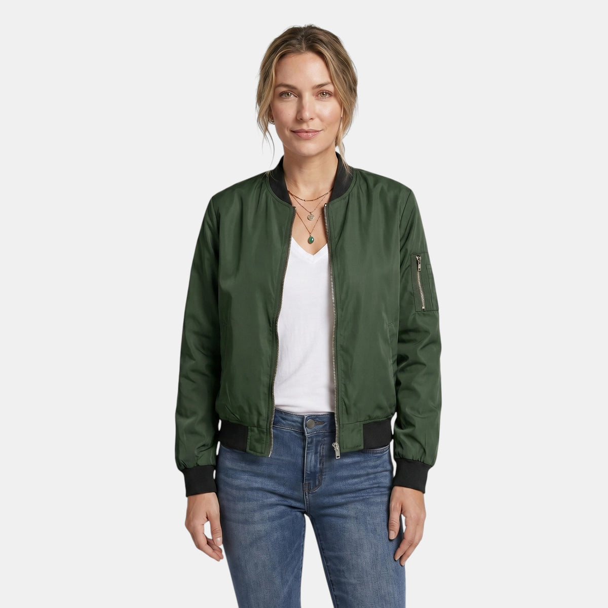 Women's Casual Bomber Jacket with Zipper Closure