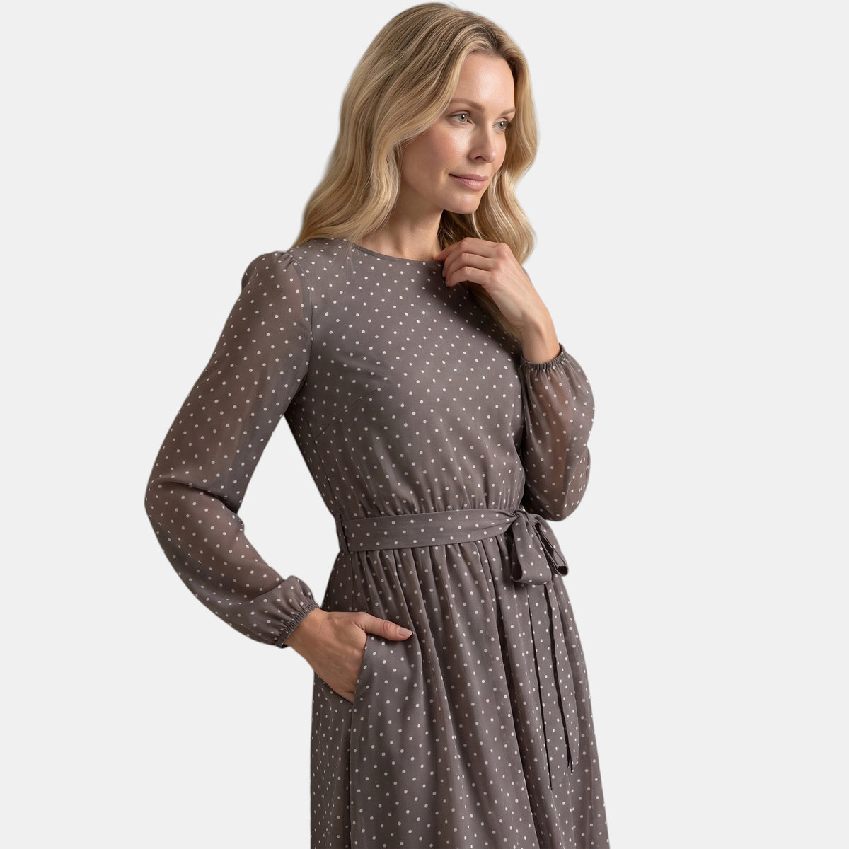 Robe midi à pois pour femme, à manches longues, avec ceinture