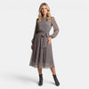 Women's Long Sleeve Polka Dot Midi Dress with Belt
