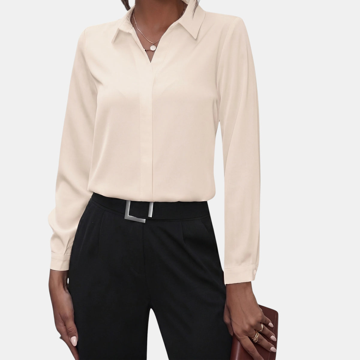 Chemisier pour femme à manches longues et col en V, pour tenue professionnelle