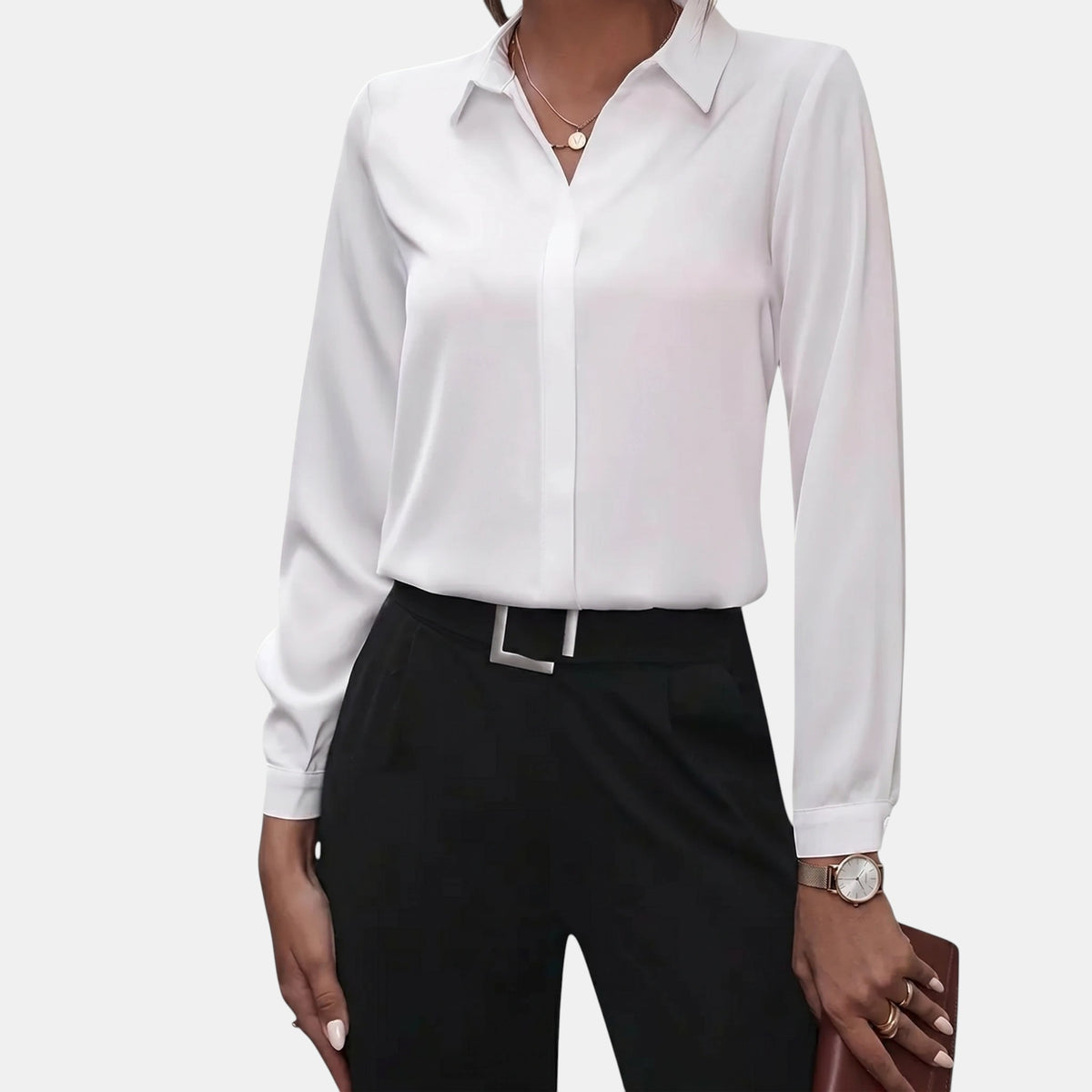 Chemisier pour femme à manches longues et col en V, pour tenue professionnelle