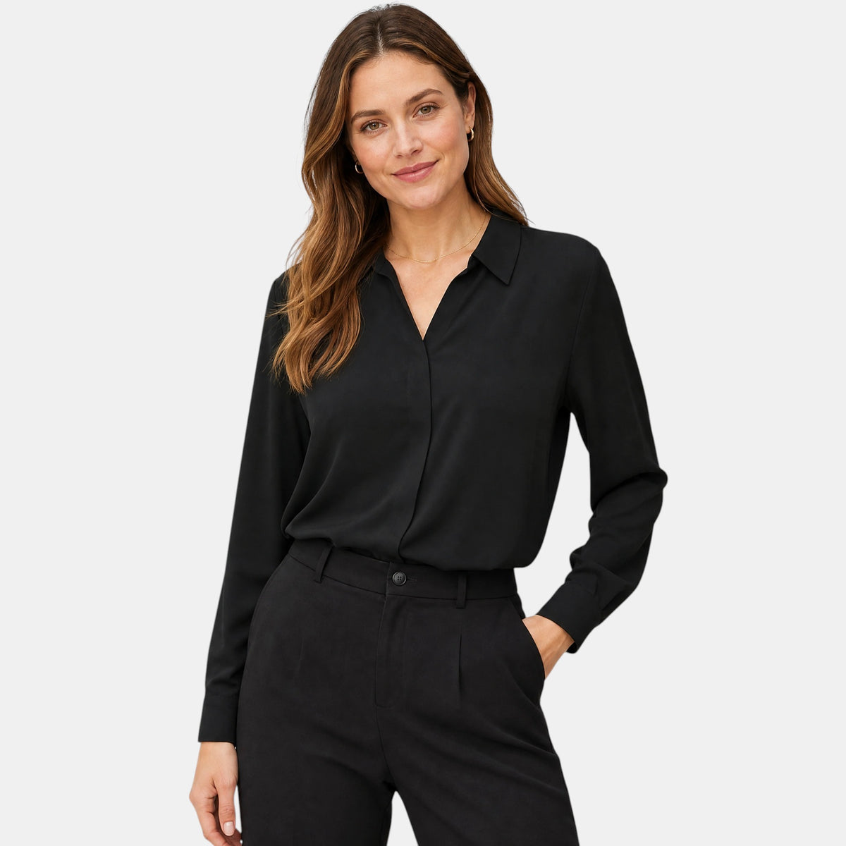 Chemisier pour femme à manches longues et col en V, pour tenue professionnelle