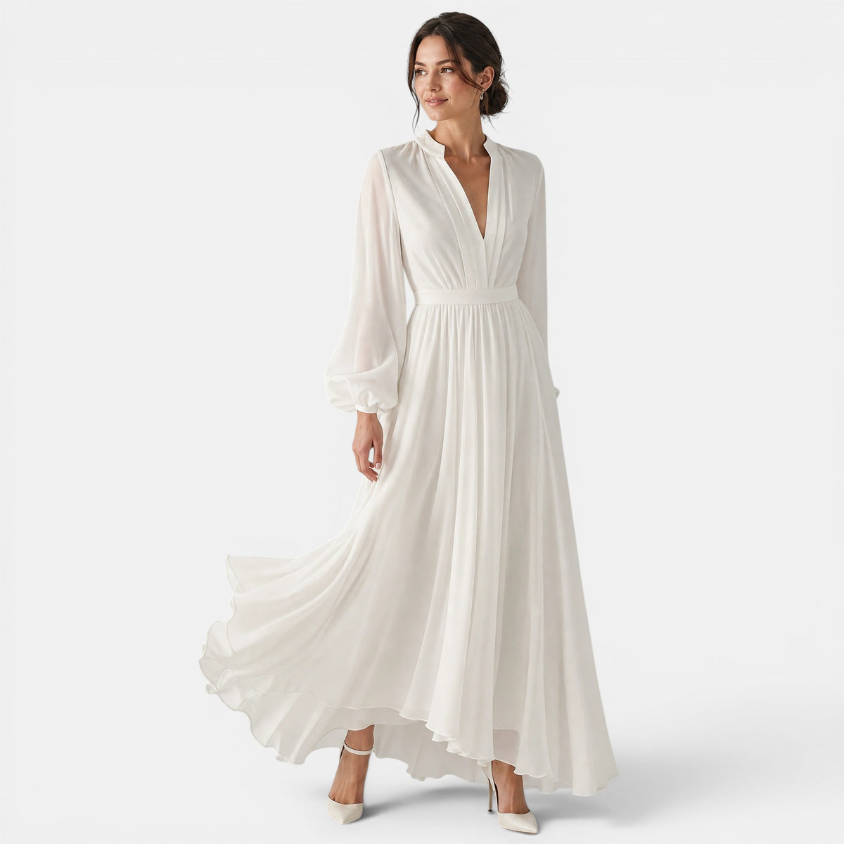 Robe longue pour femme à manches longues et col en V