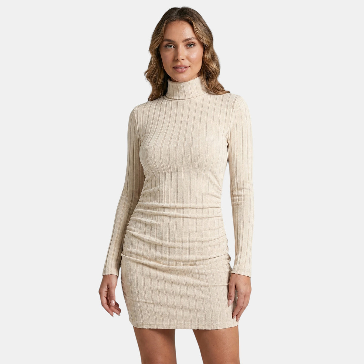 Robe mini col roulé côtelée pour femme avec manches longues