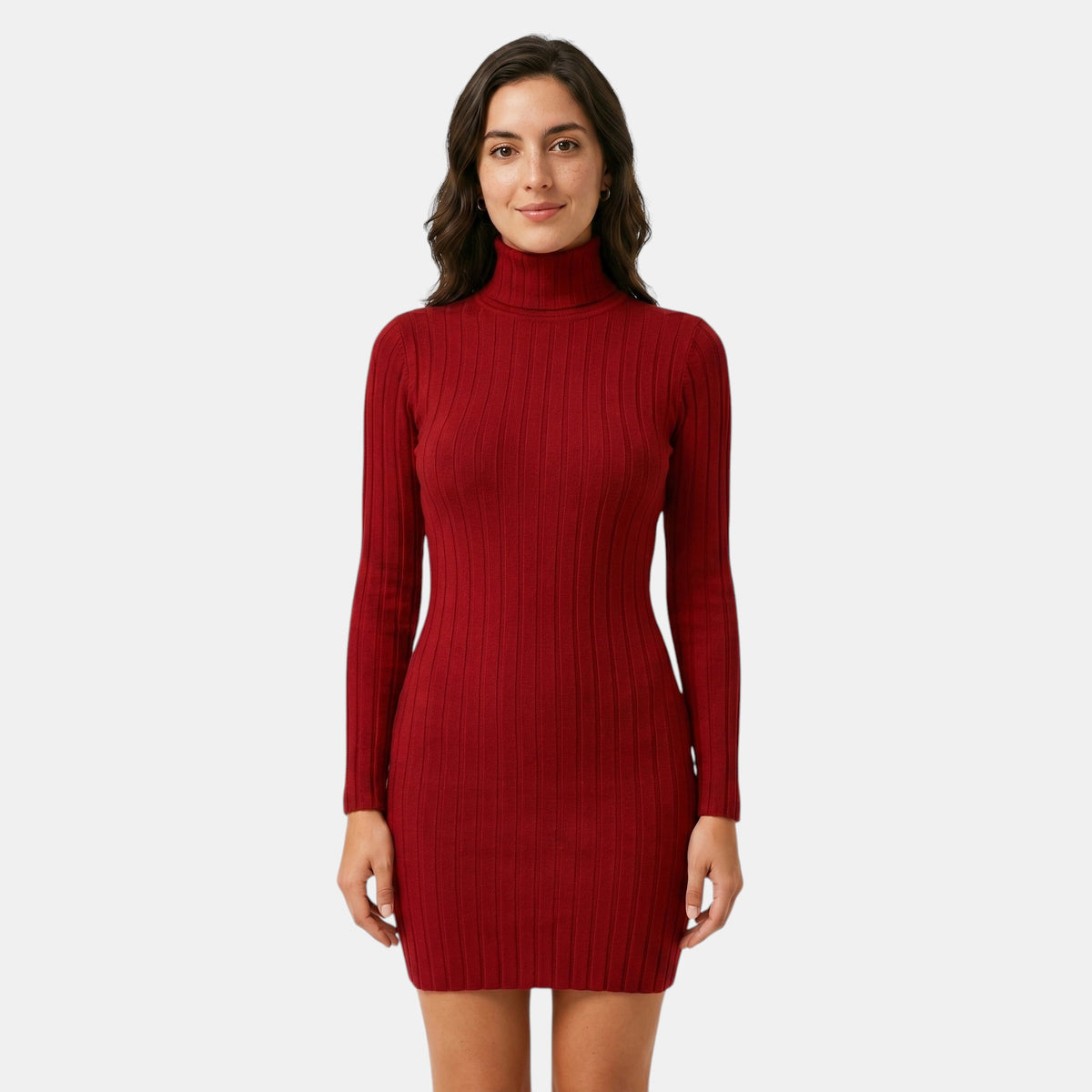 Robe mini col roulé côtelée pour femme avec manches longues