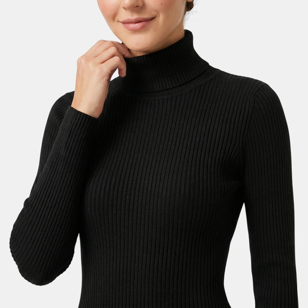 Women's Ribbed Turtleneck Mini Dress with Long Sleeves