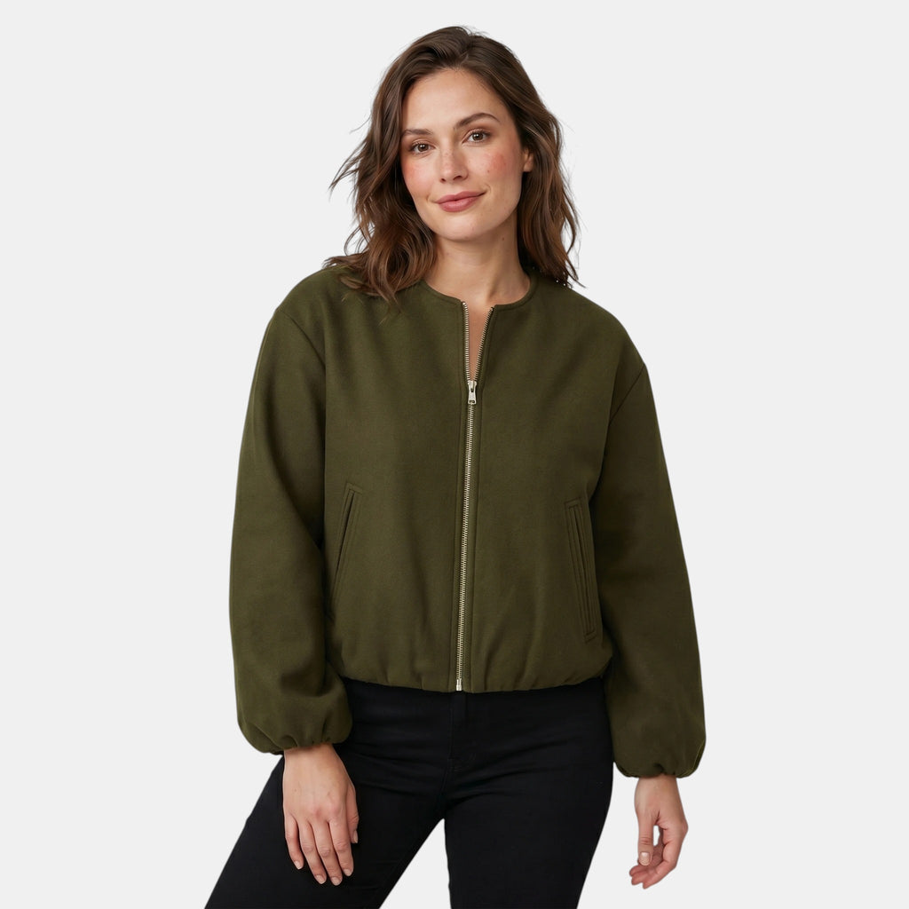 Women's Round Neck Bomber Jacket with Zip Closure