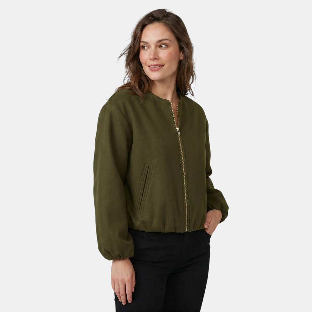 Women's Round Neck Bomber Jacket with Zip Closure