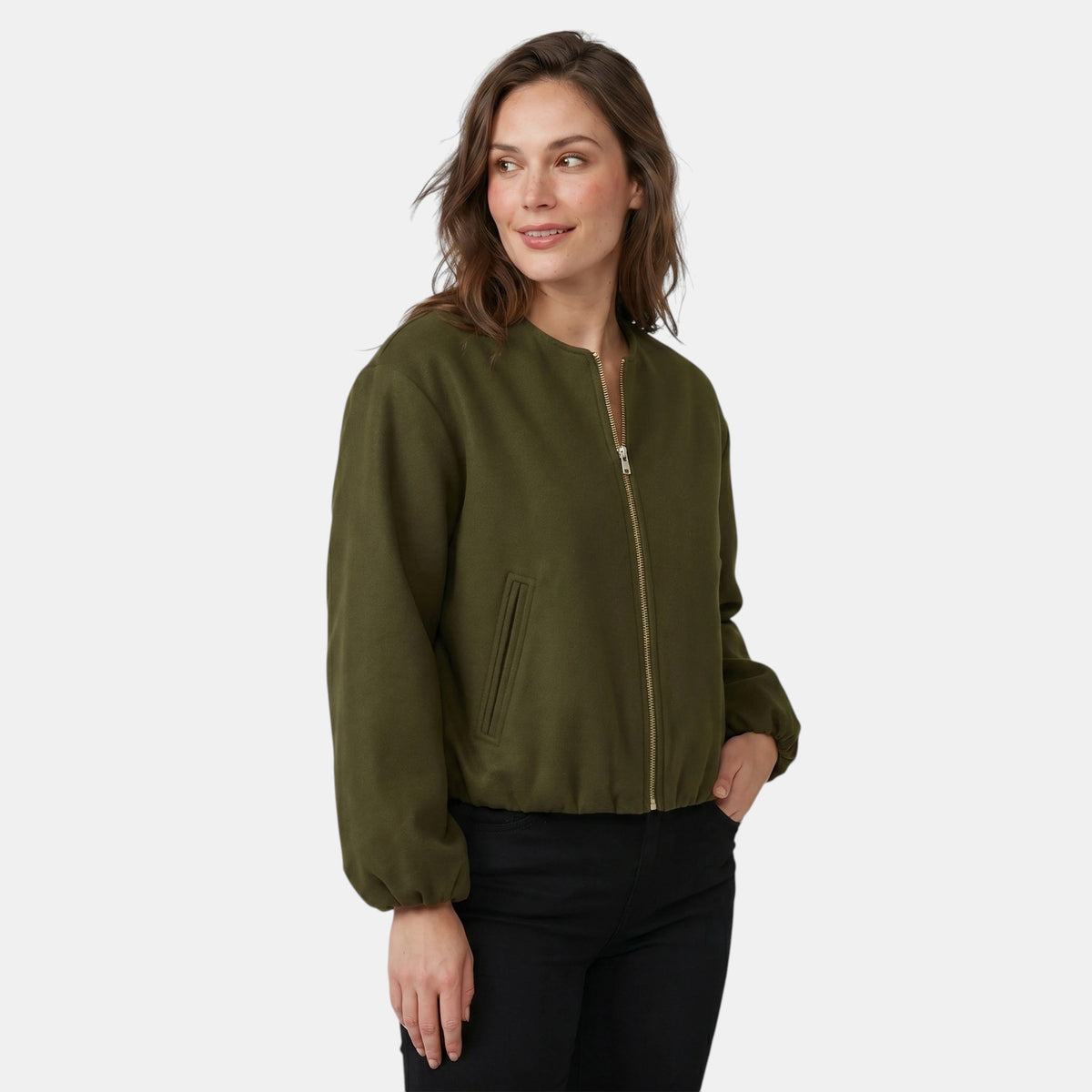 Women's Round Neck Bomber Jacket with Zip Closure