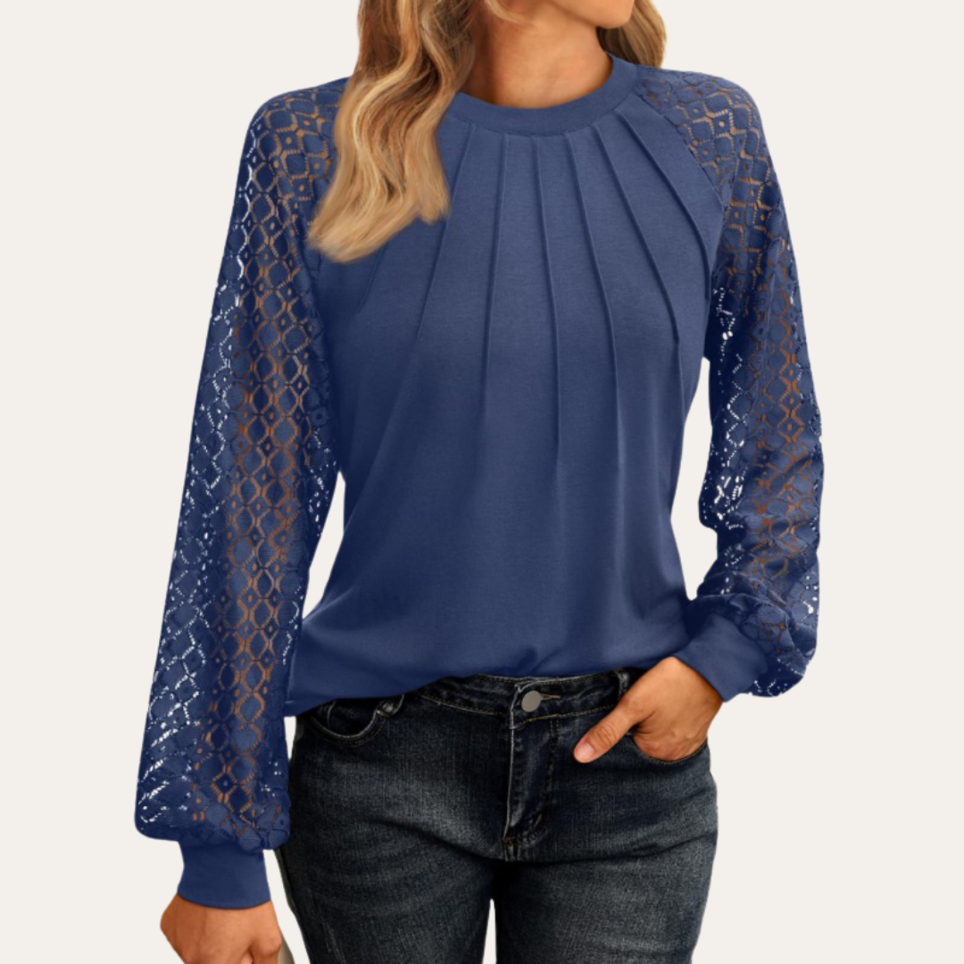 Blouse élégante pour femme à encolure plissée et manches en dentelle transparente pour un look chic