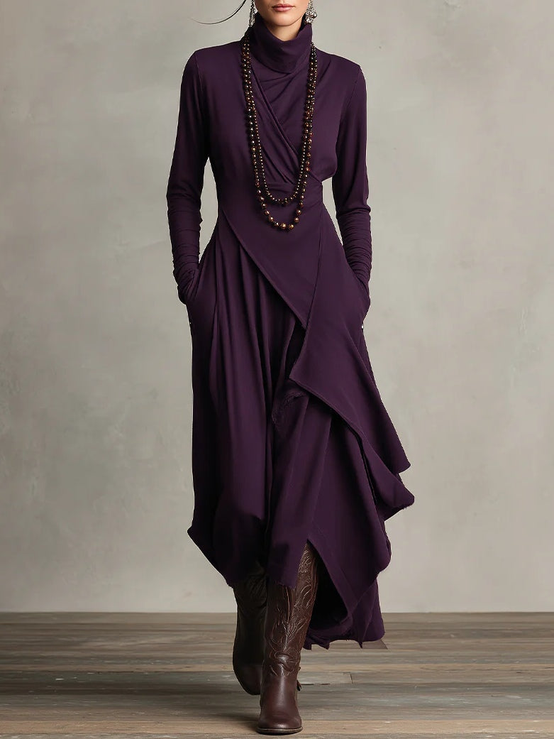 Robe longue portefeuille pour femme, avec jupe asymétrique et encolure drapée