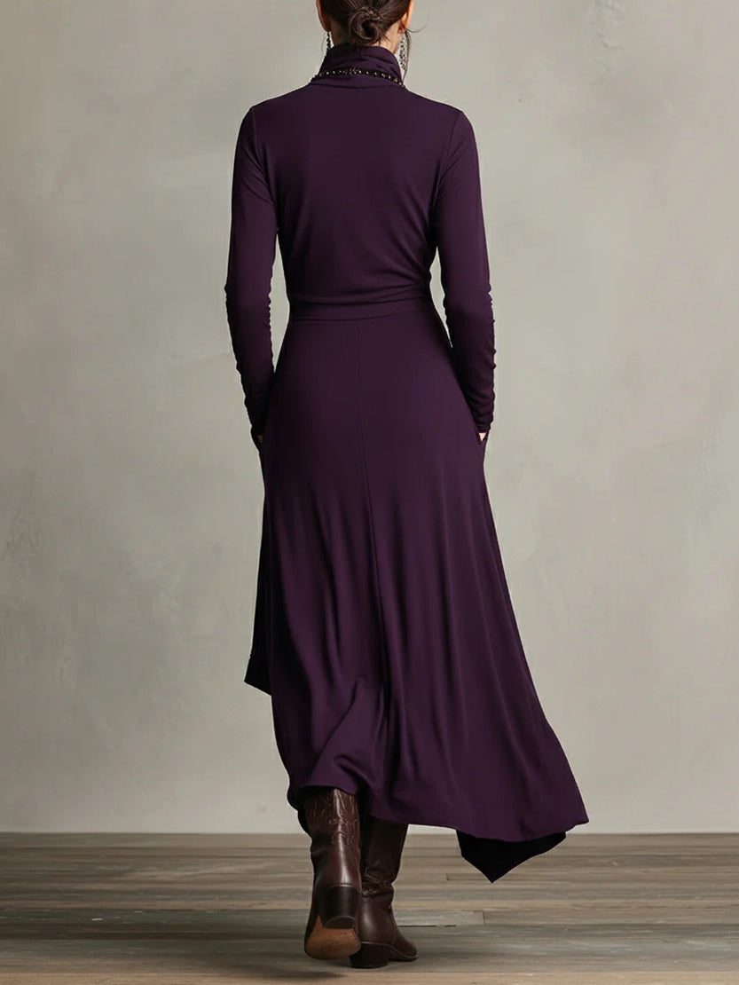Robe longue portefeuille pour femme, avec jupe asymétrique et encolure drapée
