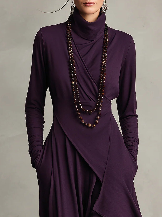 Robe longue portefeuille pour femme, avec jupe asymétrique et encolure drapée