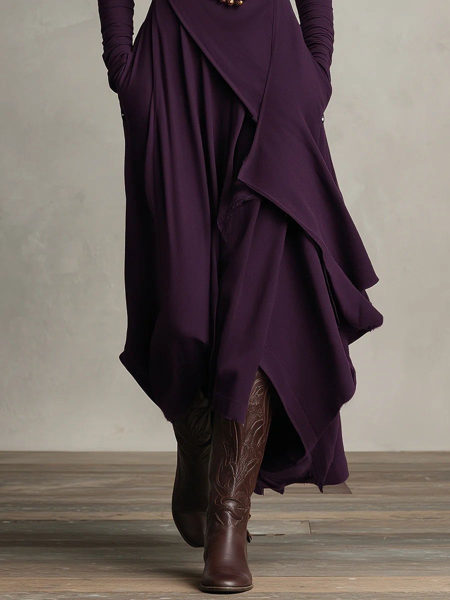 Robe longue portefeuille pour femme, avec jupe asymétrique et encolure drapée