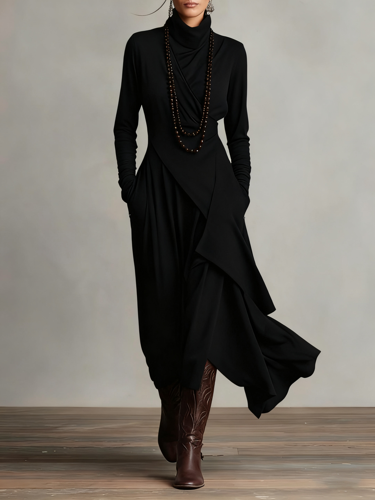 Robe longue portefeuille pour femme, avec jupe asymétrique et encolure drapée