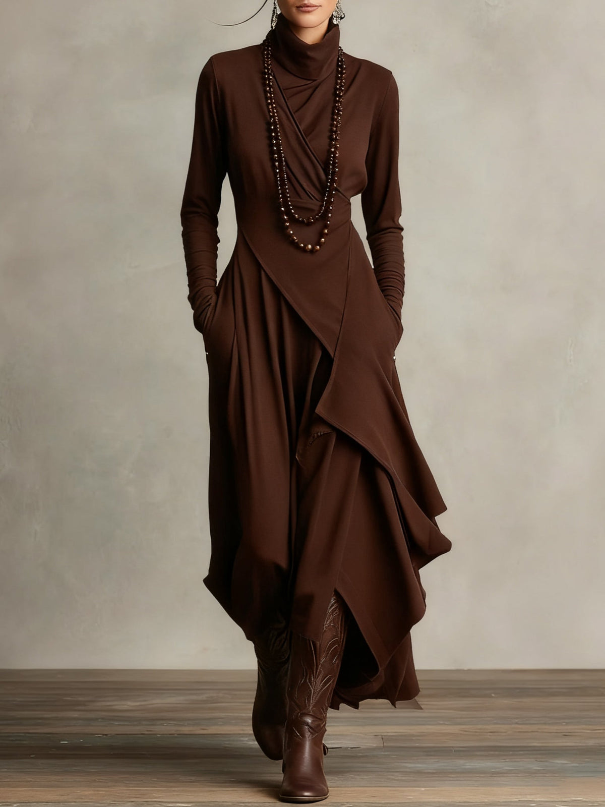 Robe longue portefeuille pour femme, avec jupe asymétrique et encolure drapée