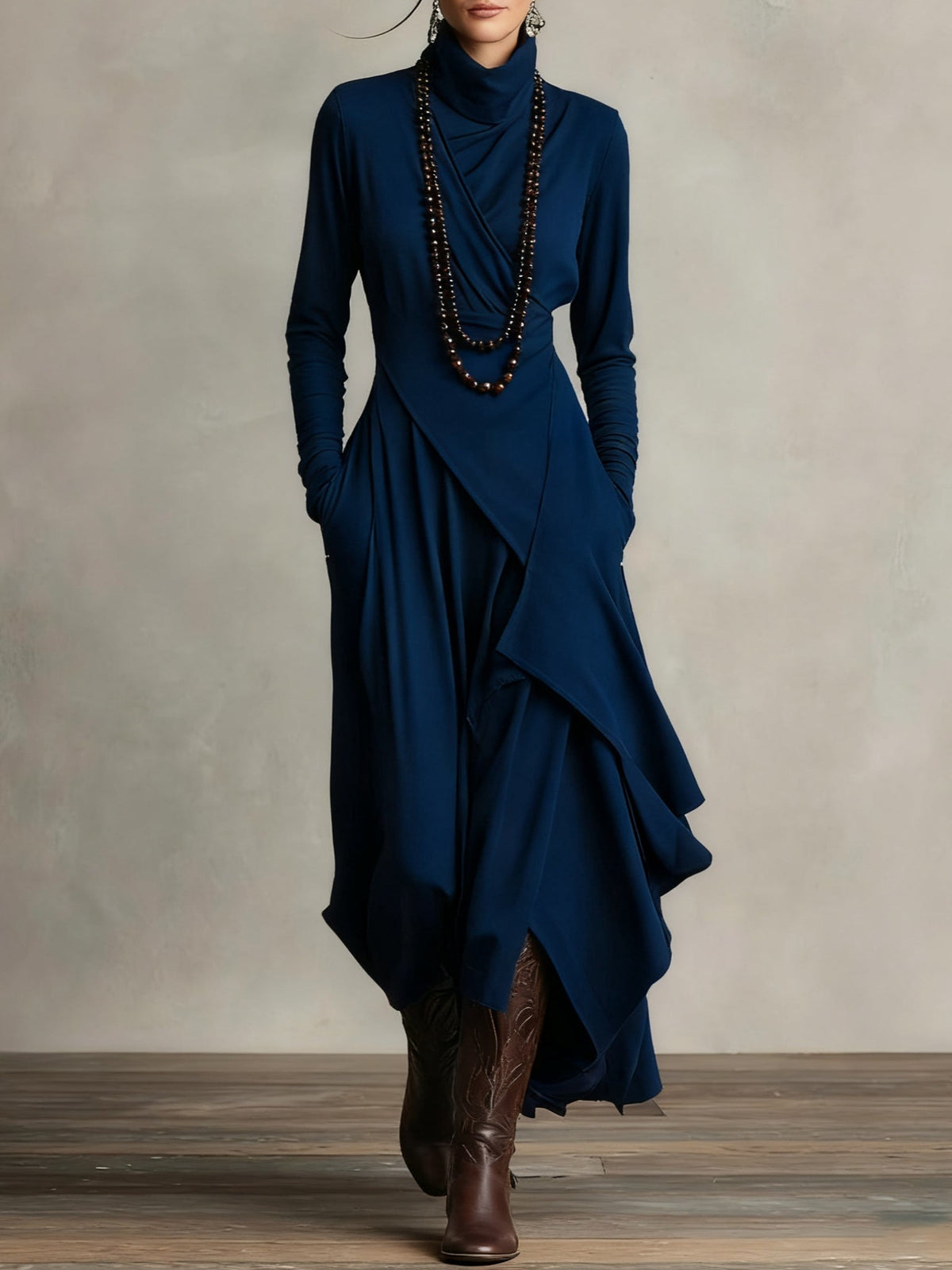 Robe longue portefeuille pour femme, avec jupe asymétrique et encolure drapée