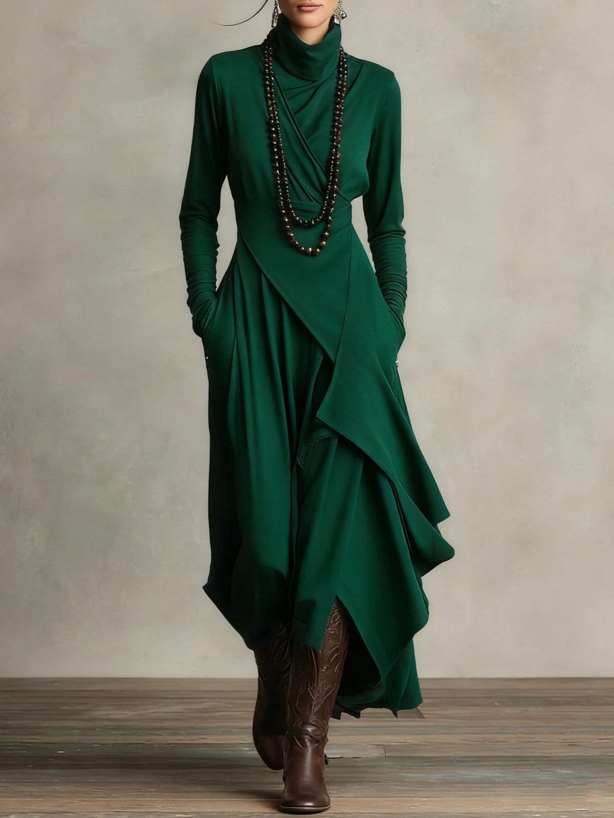 Robe longue portefeuille pour femme, avec jupe asymétrique et encolure drapée