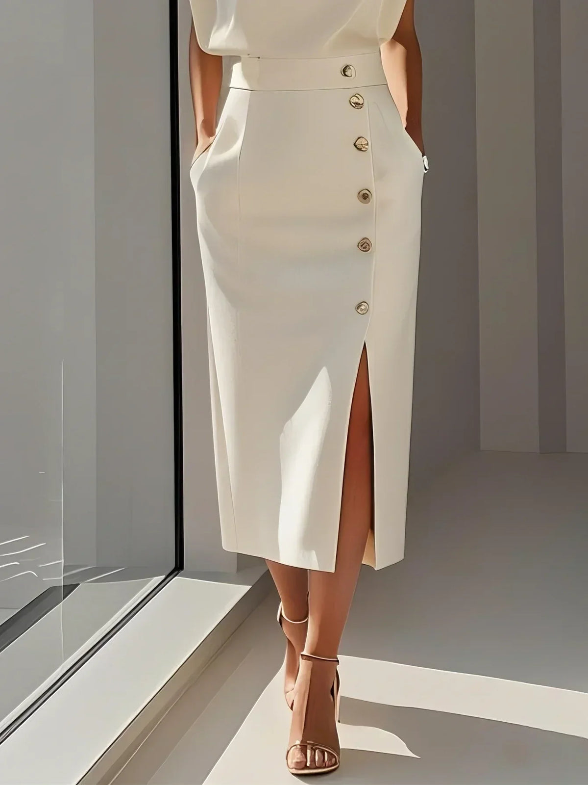 Robe midi sans manches pour femme, élégante avec boutons latéraux