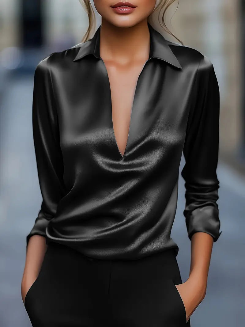 Collared V-Neck Blouse for Women with Long Sleeves and Smooth Finish