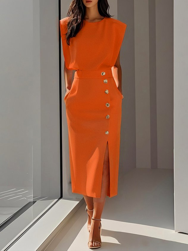 Robe midi sans manches pour femme, élégante avec boutons latéraux
