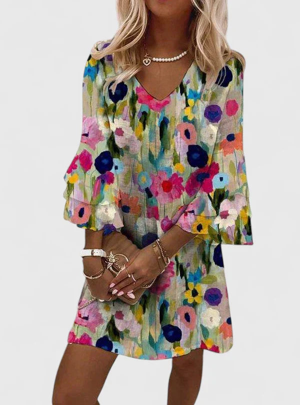 Robe mini fleurie pour femmes, col en V, coupe ample, été décontracté