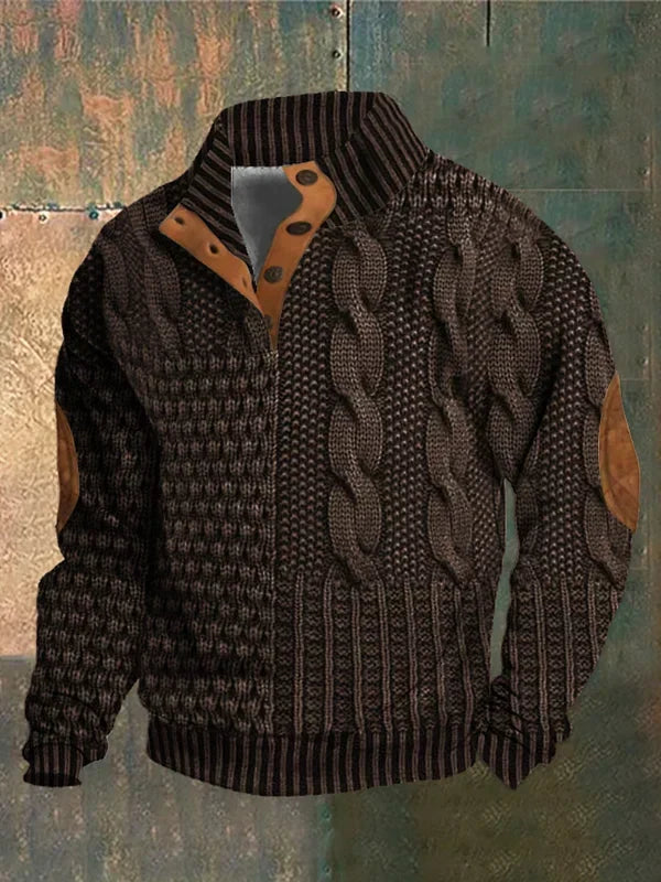 Men's Textured Cable Knit Sweater with Button Placket and Elbow Patches