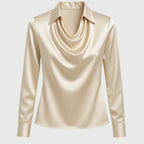 Women's Satin Blouse Cowl Neck Long Sleeve Elegant Top