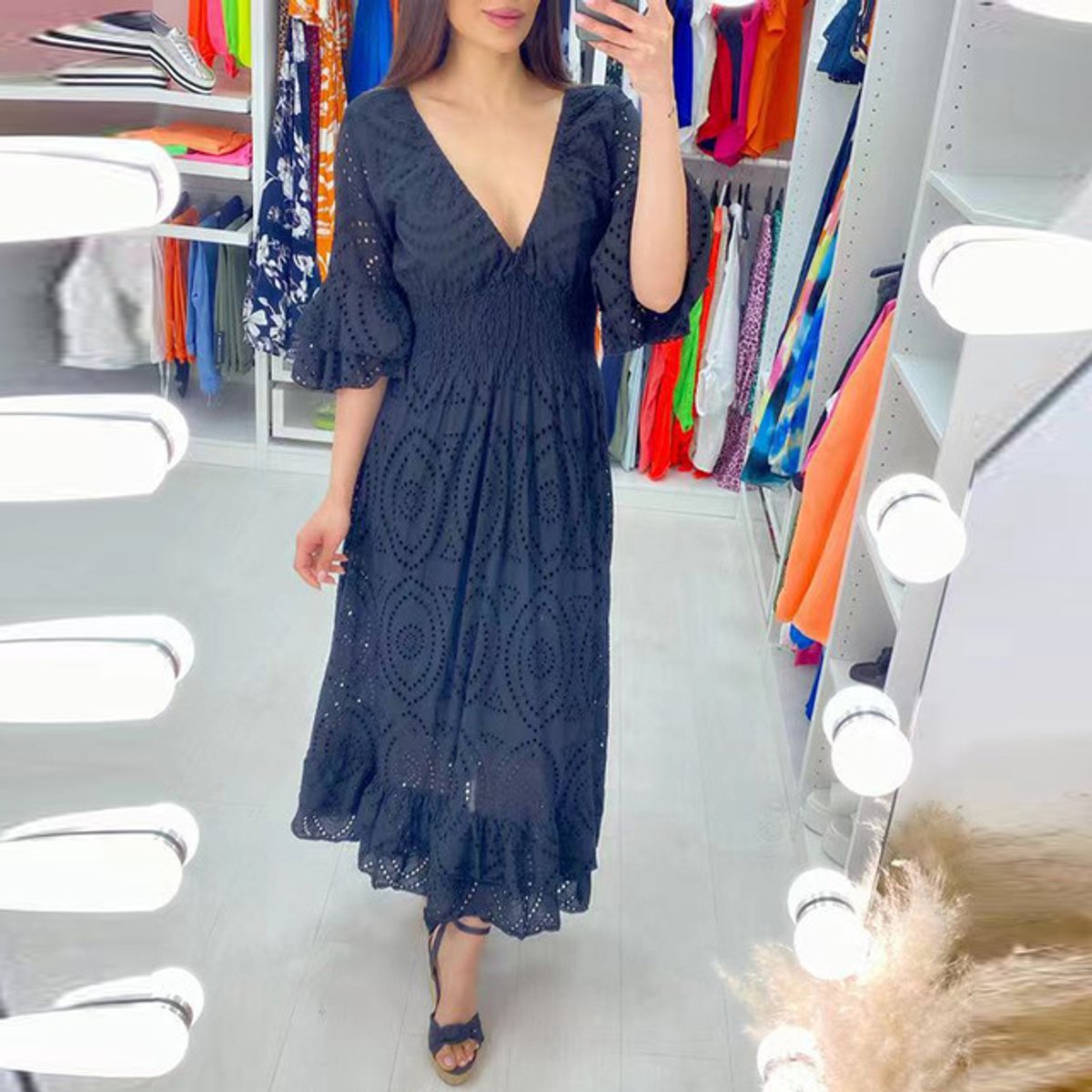 Robe midi pour femme avec col en V et manches à volants