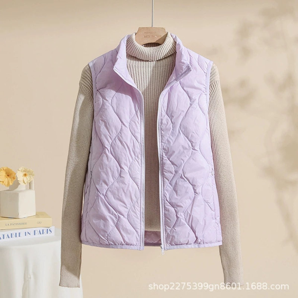 Women's Quilted Gilet with Zip Front and Stand-Up Collar