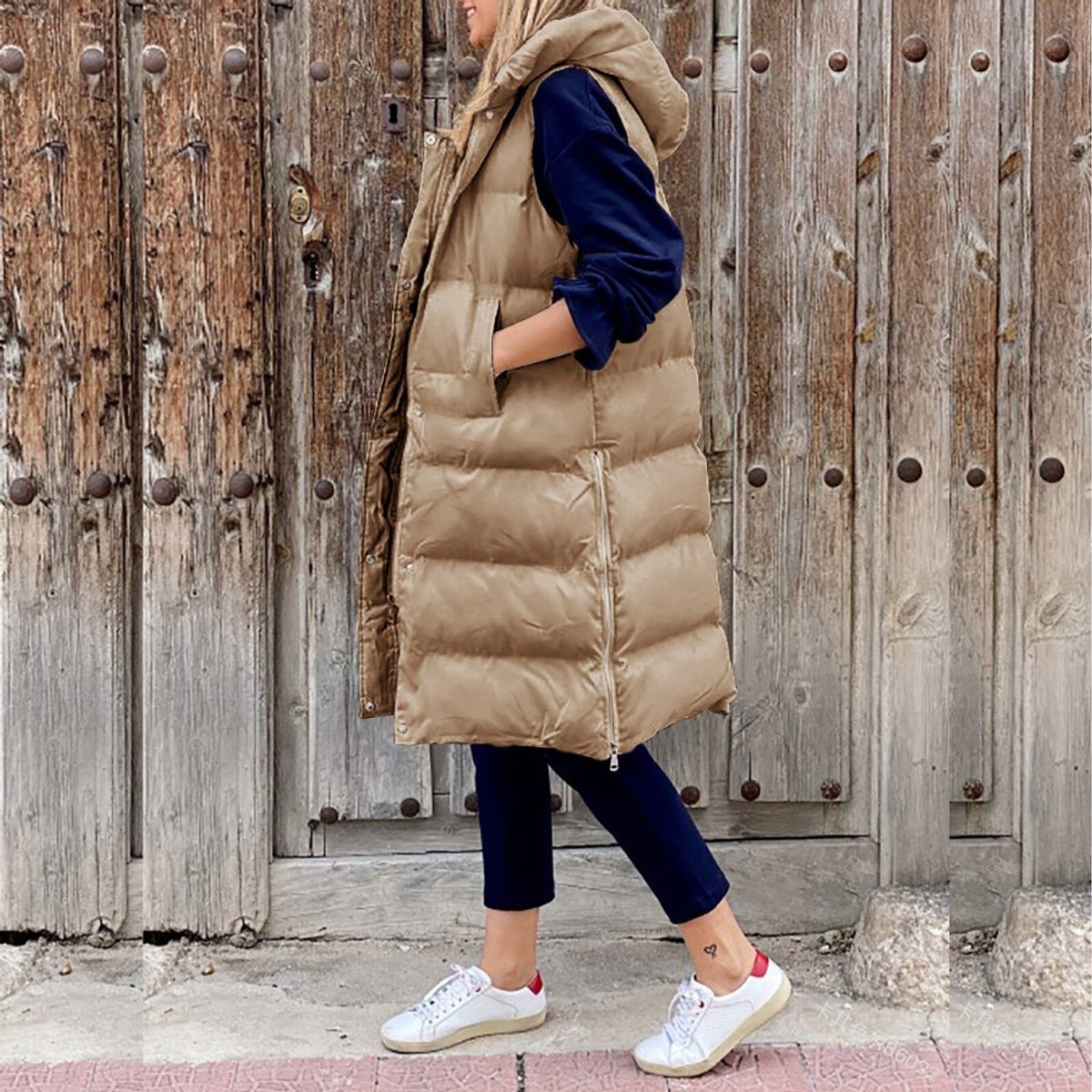Gilet matelassé long pour femme avec capuche et fermeture éclair sur le devant