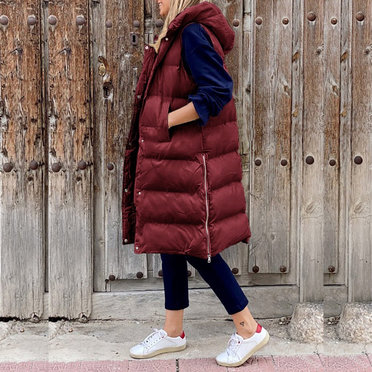 Gilet matelassé long pour femme avec capuche et fermeture éclair sur le devant