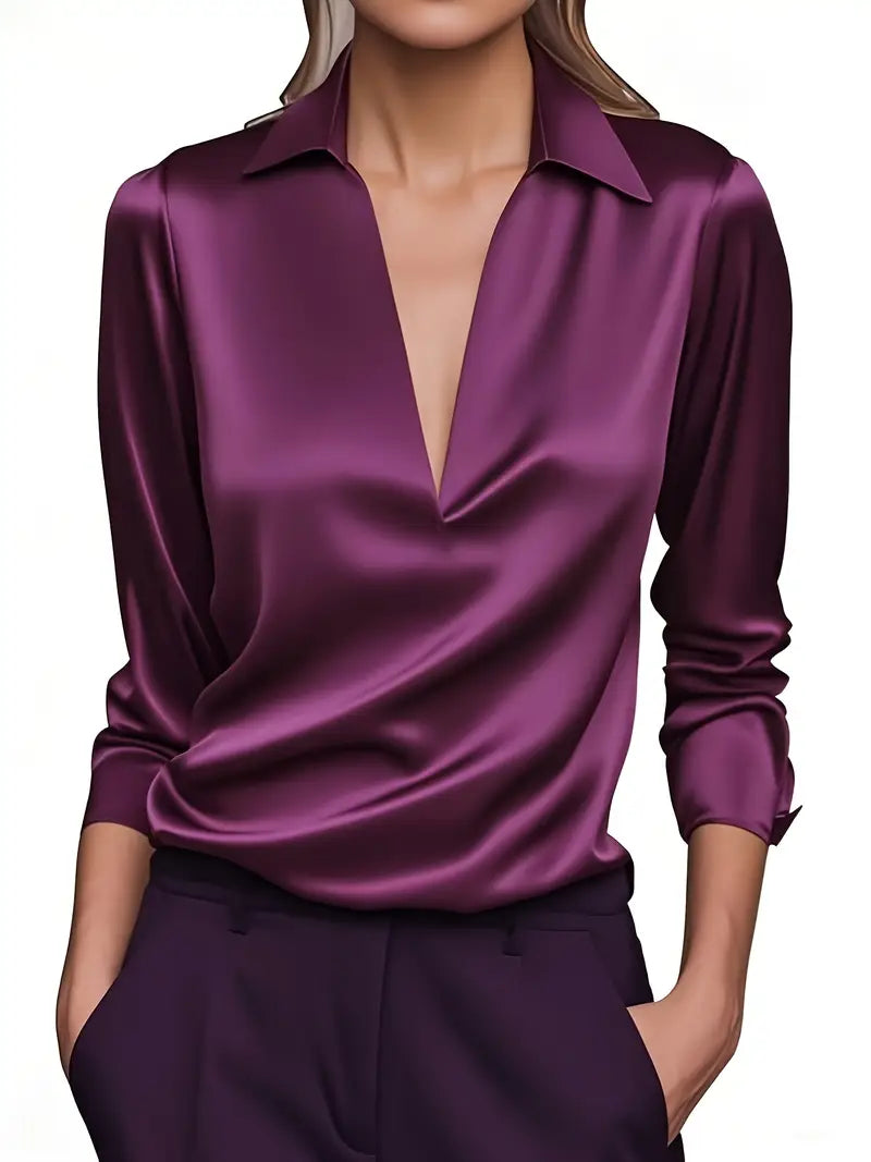 Collared V-Neck Blouse for Women with Long Sleeves and Smooth Finish