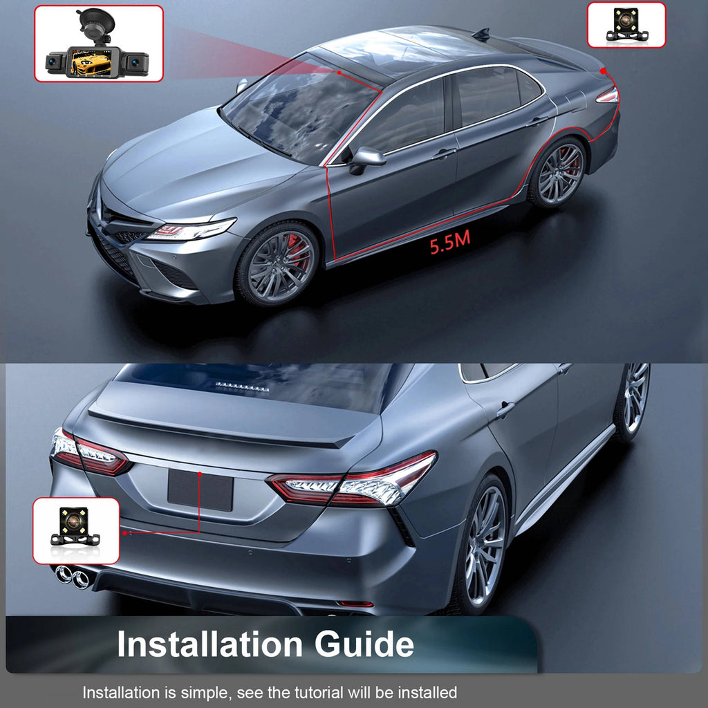 Car Dash Cam with Front Rear Cameras and Night Vision Recording