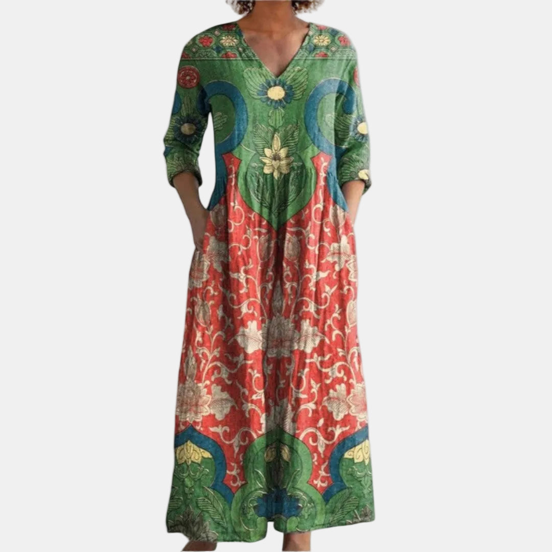 Robe longue vintage fleurie pour femme, col en V, coupe décontractée