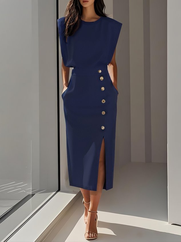 Robe midi sans manches pour femme, élégante avec boutons latéraux