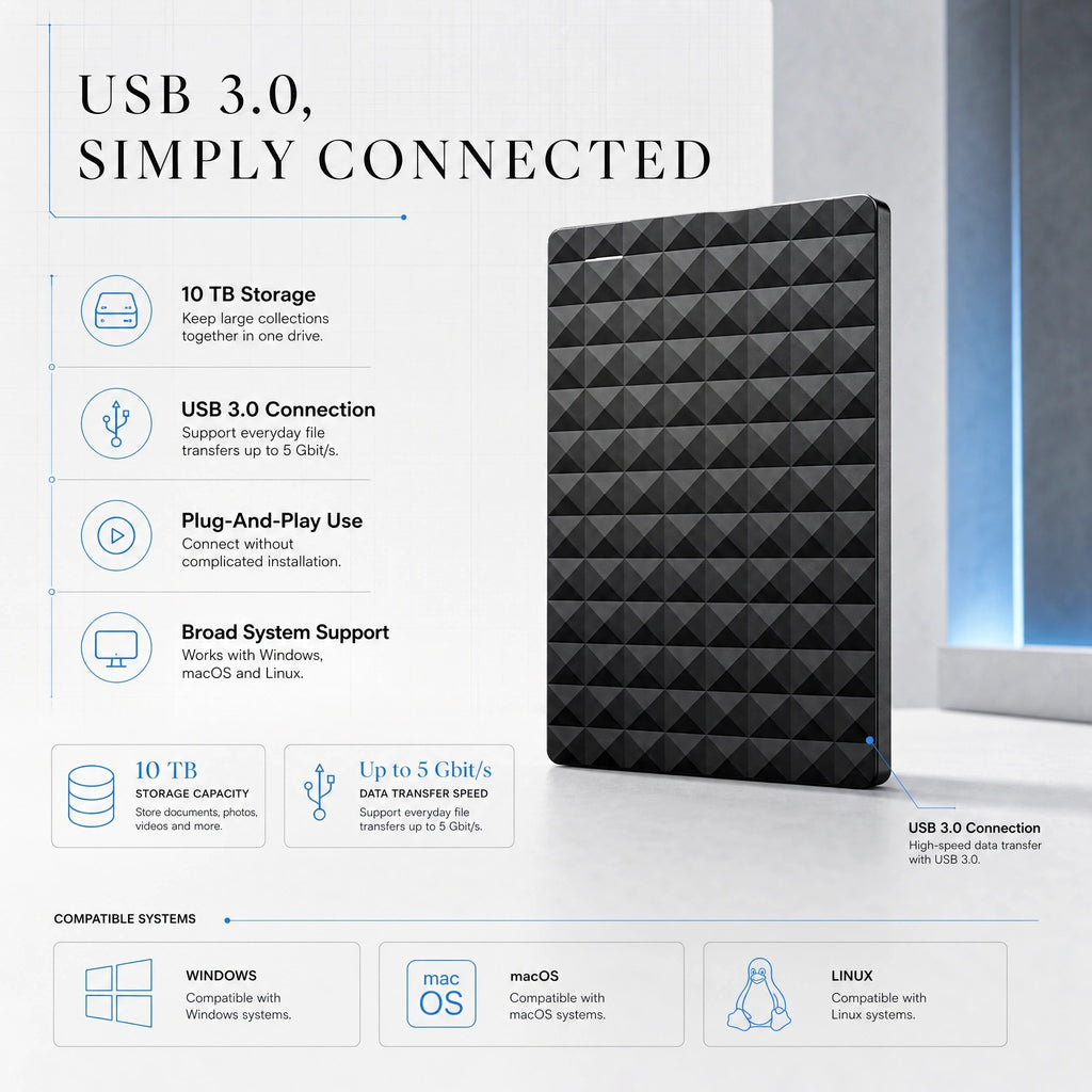 External Hard Drive with 10 TB Compact USB Storage
