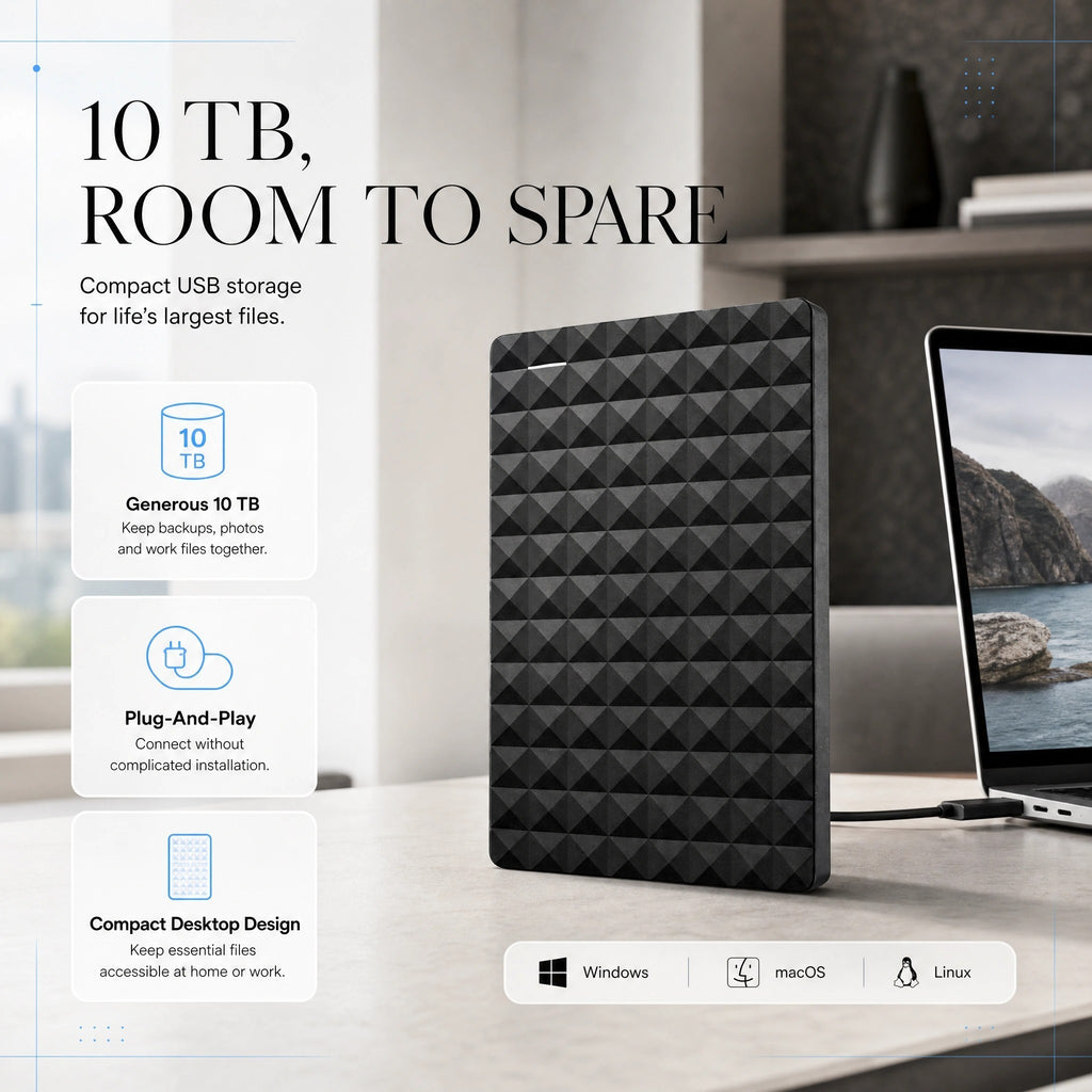 External Hard Drive with 10 TB Compact USB Storage